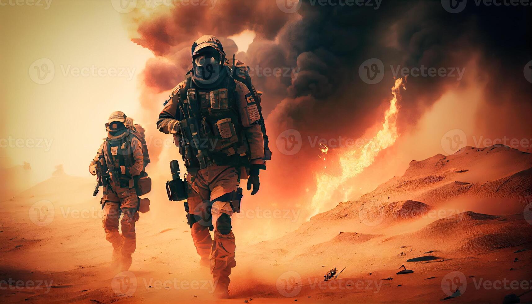 Military special forces soldiers crosses destroyed warzone through fire and smoke in the desert. Generate Ai. photo