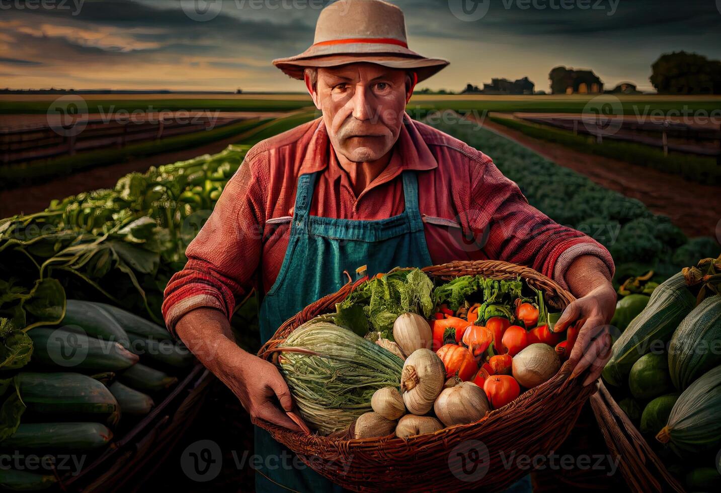 Farmer holds a basket of harvested vegetables against the background of a farm. Harvesting. Generate Ai. photo