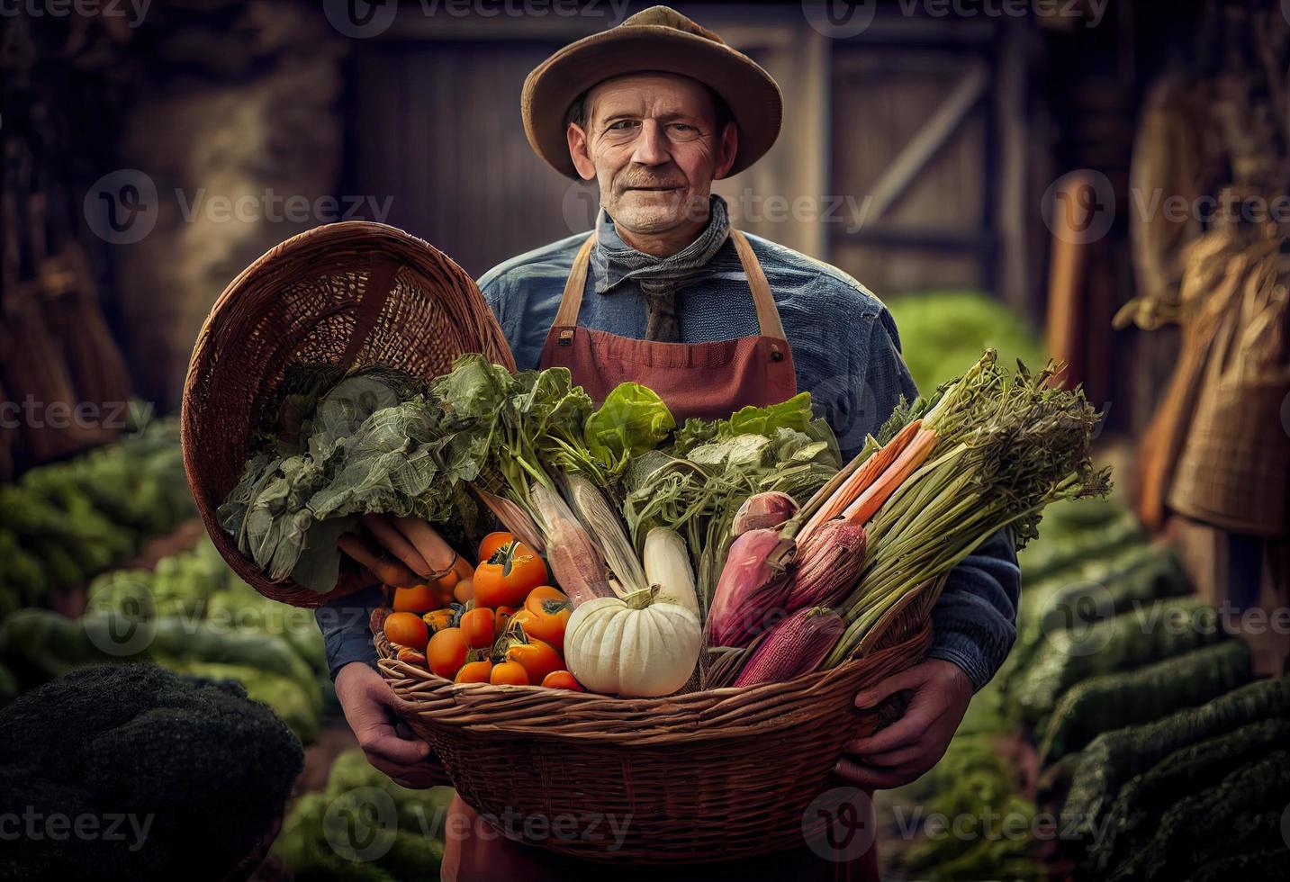 Farmer holds a basket of harvested vegetables against the background of a farm. Harvesting. Generate Ai. photo