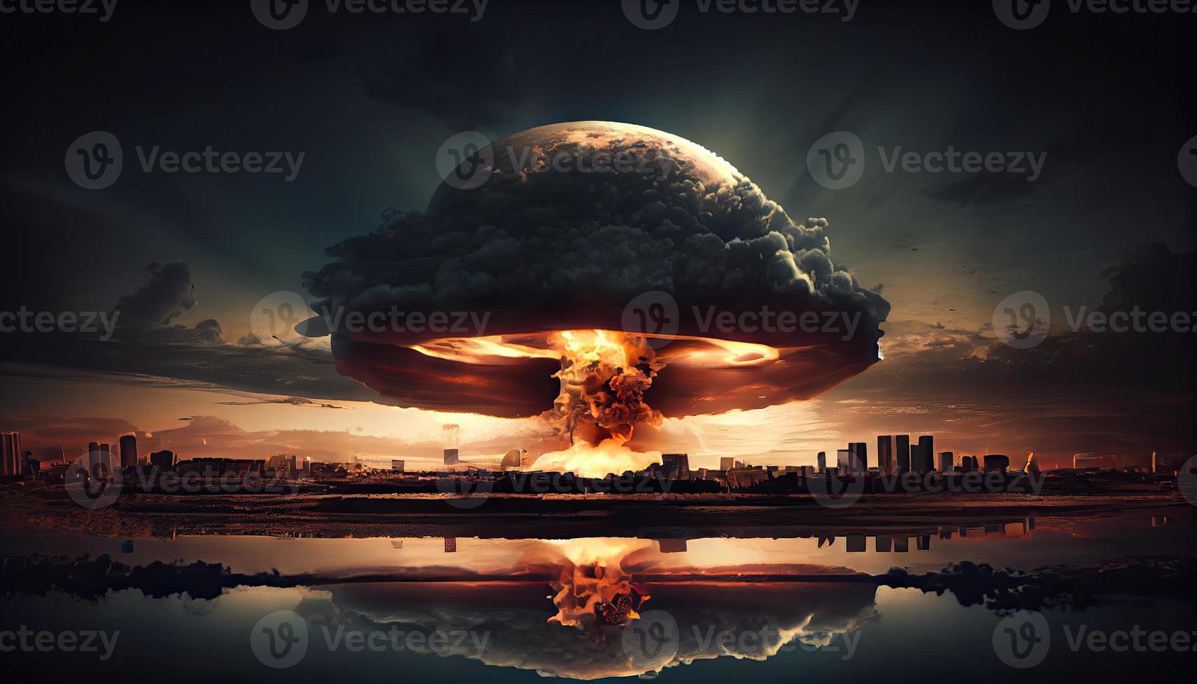 grande nuclear explosión seta nube efecto terminado ciudad horizonte para apocalíptico secuelas de nuclear adjuntar . generar ai. foto