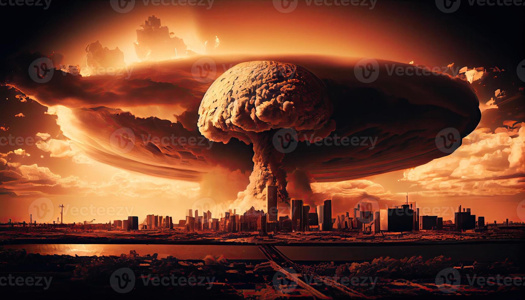 Big nuclear explosion mushroom cloud effect over city skyline for apocalyptical aftermath of nuclear attach . Generate Ai. photo