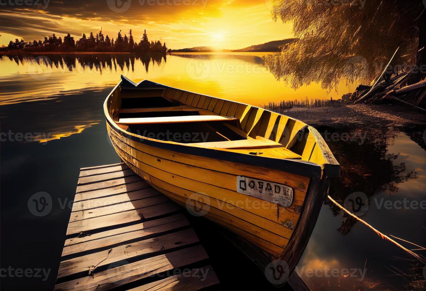 Yellow wooden boat on the lake near the wooden pier. Generate Ai. photo