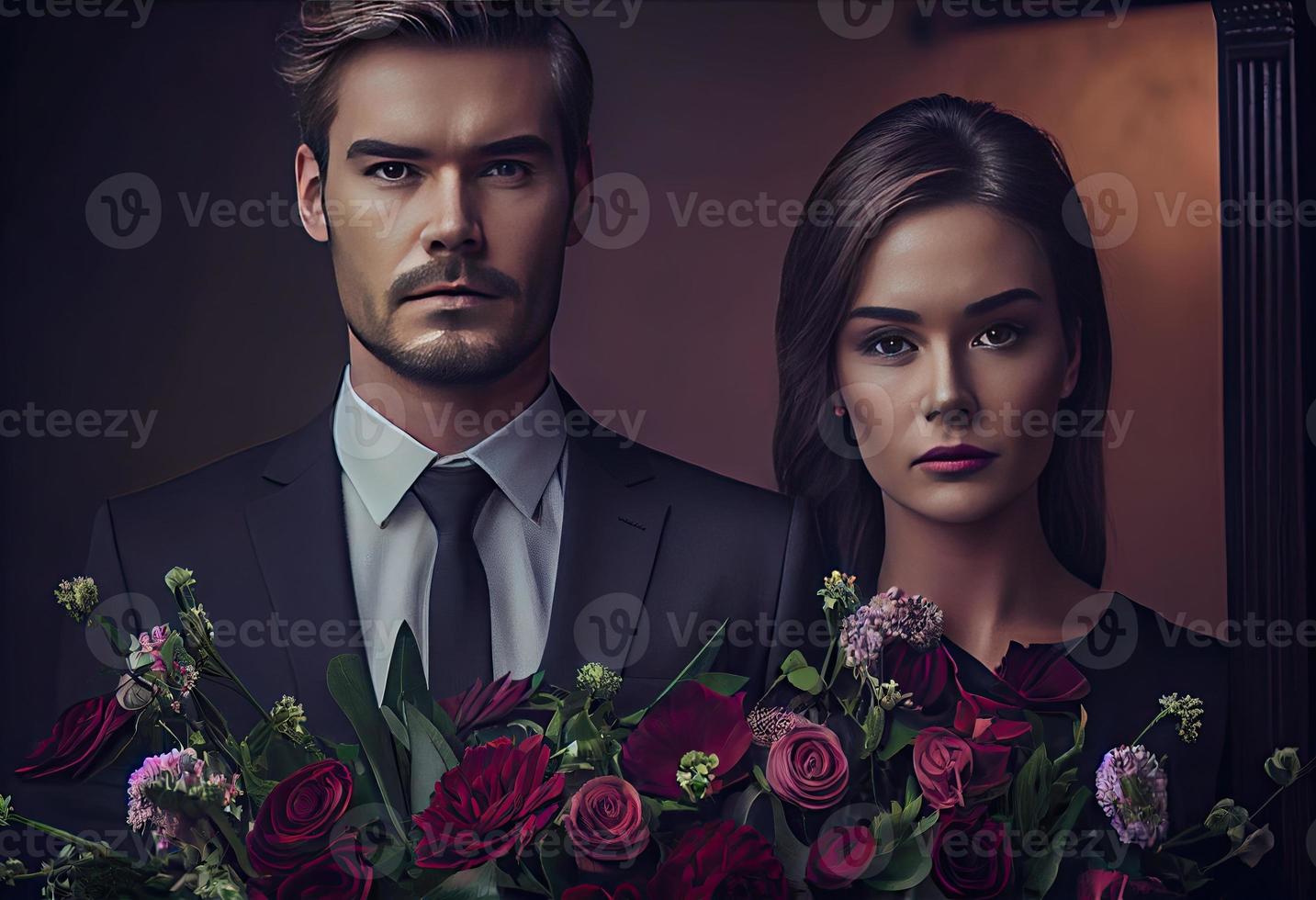 hombre en pie con atractivo mujer participación flores en funeral. generar ai. foto