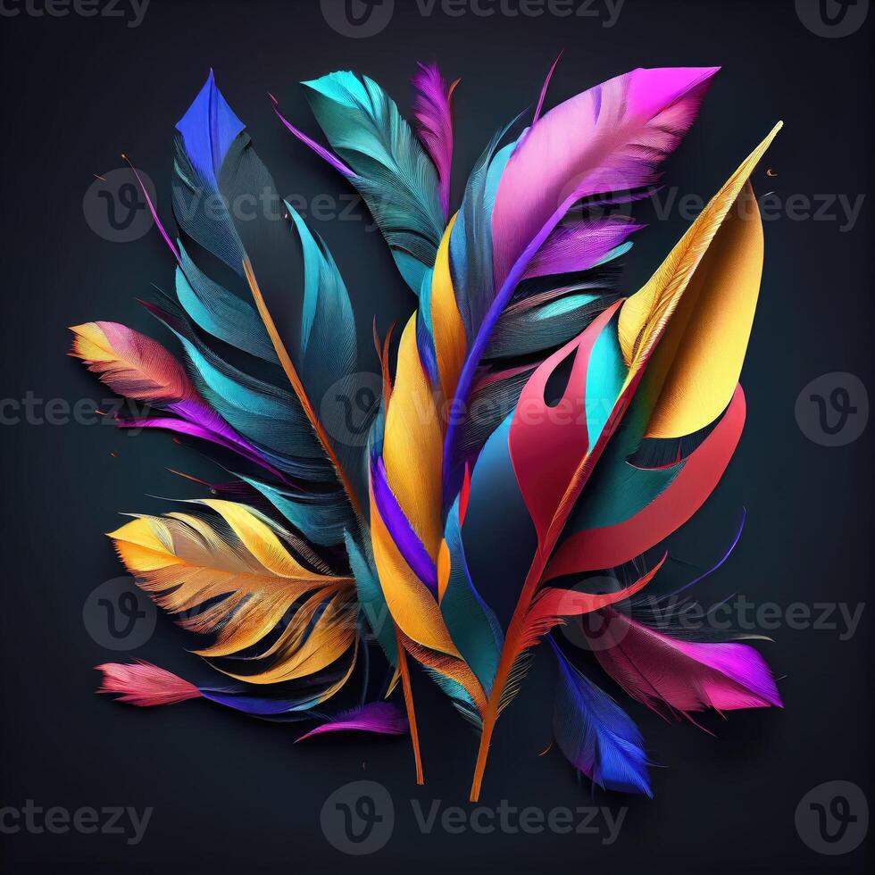 3d colorful feathers for carnival composition .Generate Ai. photo