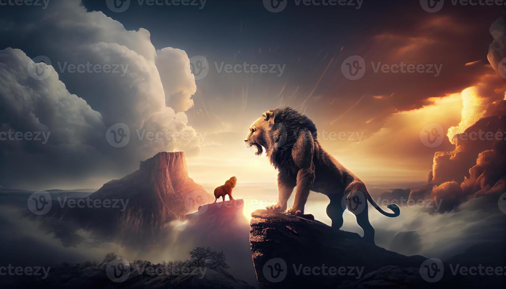 Big lion and lioness on the top of the mountain. Generate Ai. photo