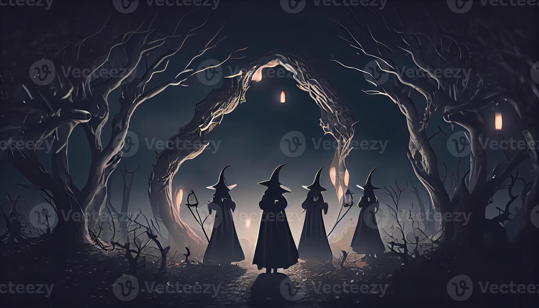 A gloomy dramatic background, witches in black cloaks perform a ritual in a dark gloomy forest. .Generate Ai. photo