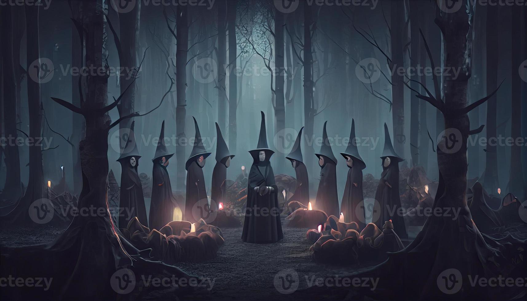 A gloomy dramatic background, witches in black cloaks perform a ritual in a dark gloomy forest. .Generate Ai. photo