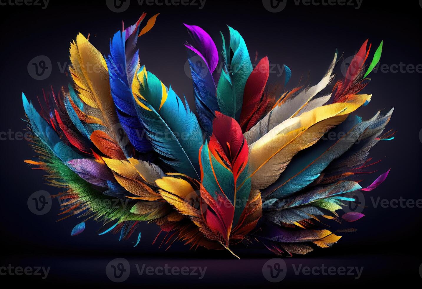 3d colorful feathers for carnival composition .Generate Ai. photo