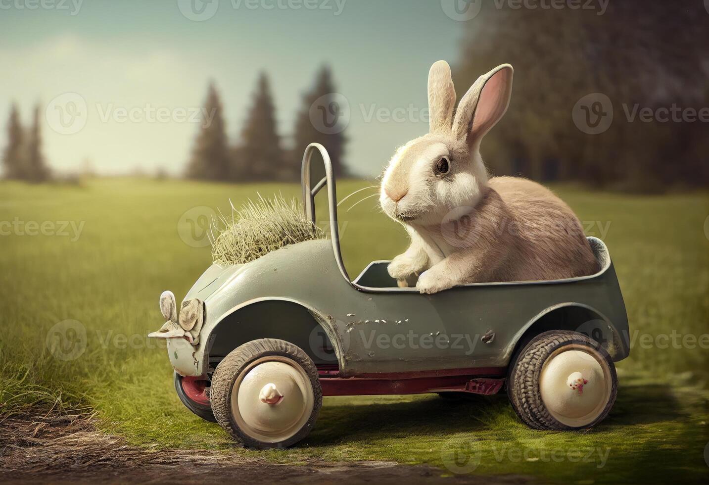 Easter excursion Easter bunny in a pedal car. Generate Ai. photo