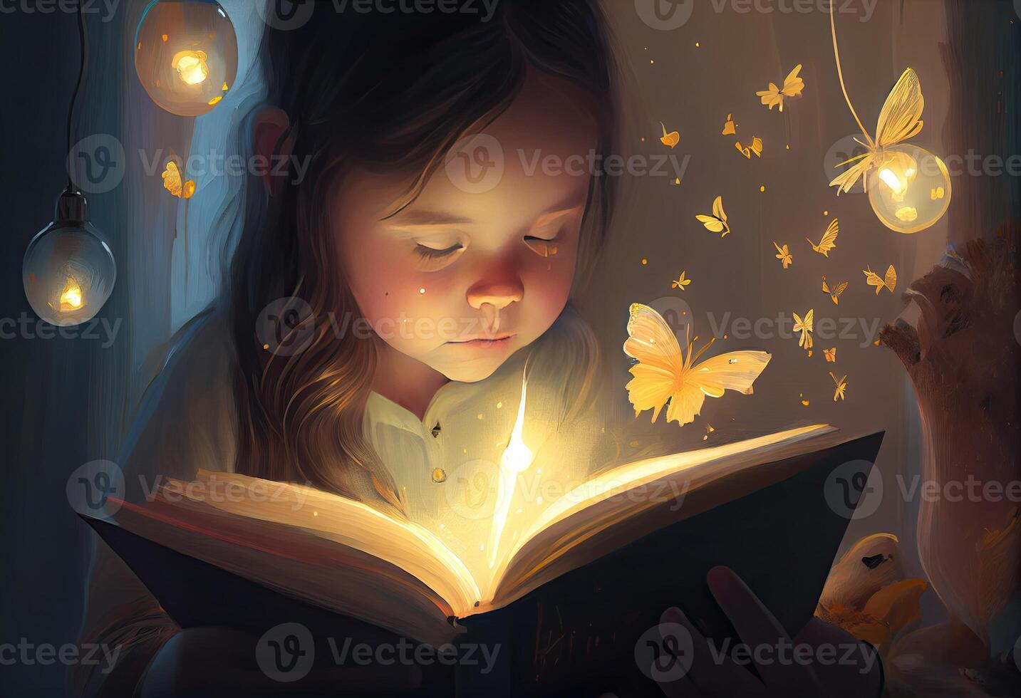 Illustration painting of girl reading a book and big bulb. Generate Ai. photo