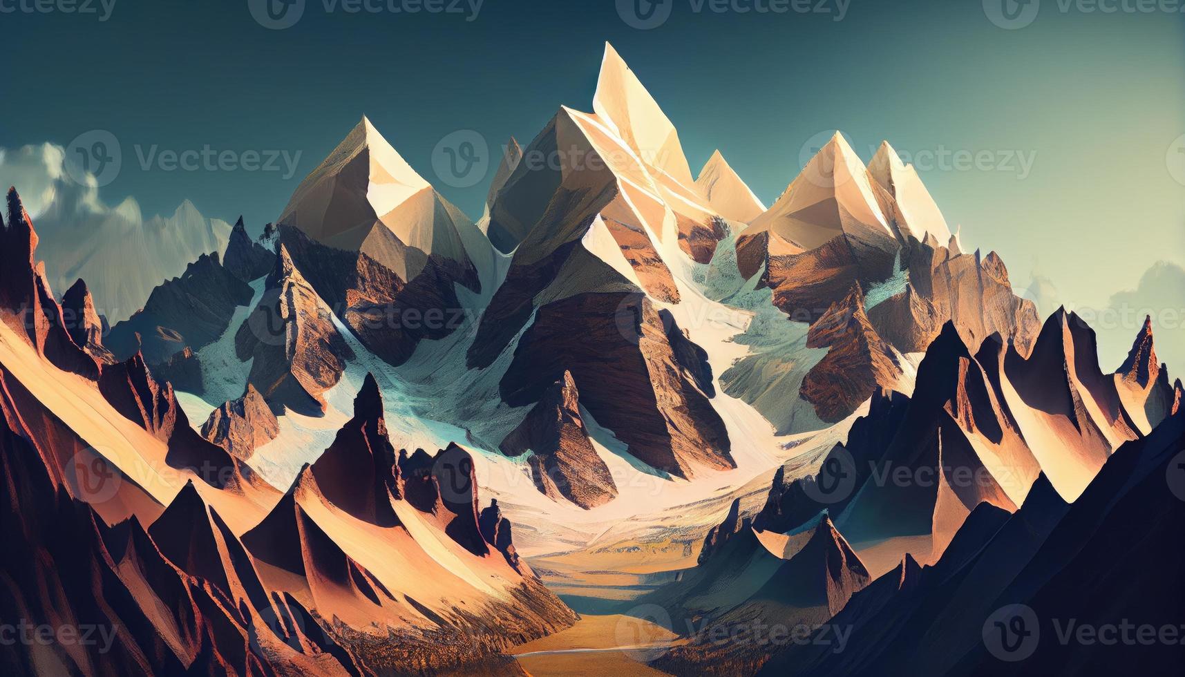 Towering mountain range dotted with towering peaks and treacherous passes. Generate Ai. photo