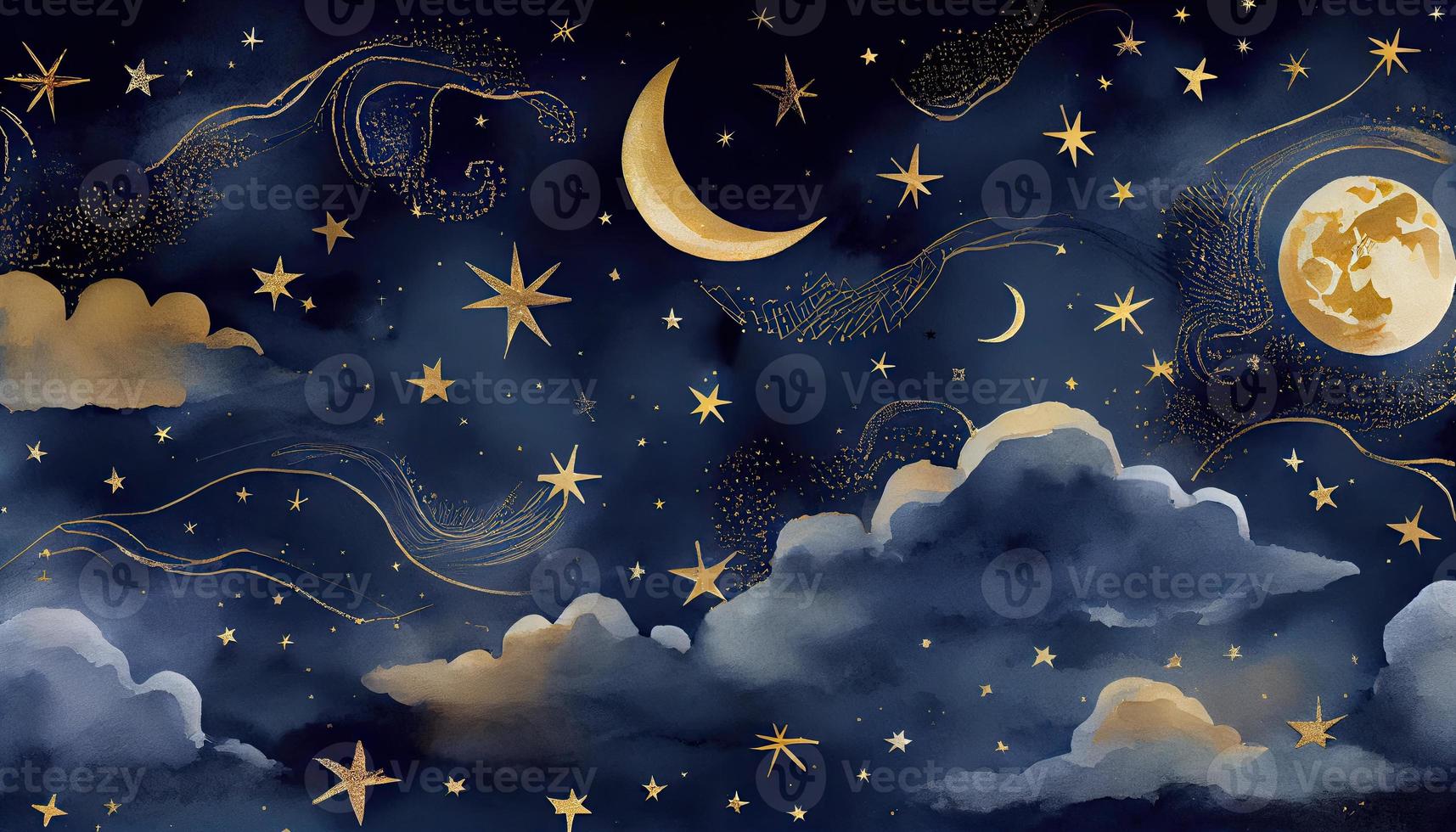 Seamless pattern of the night sky with gold foil constellations stars and clouds watercolor. Generate Ai. photo