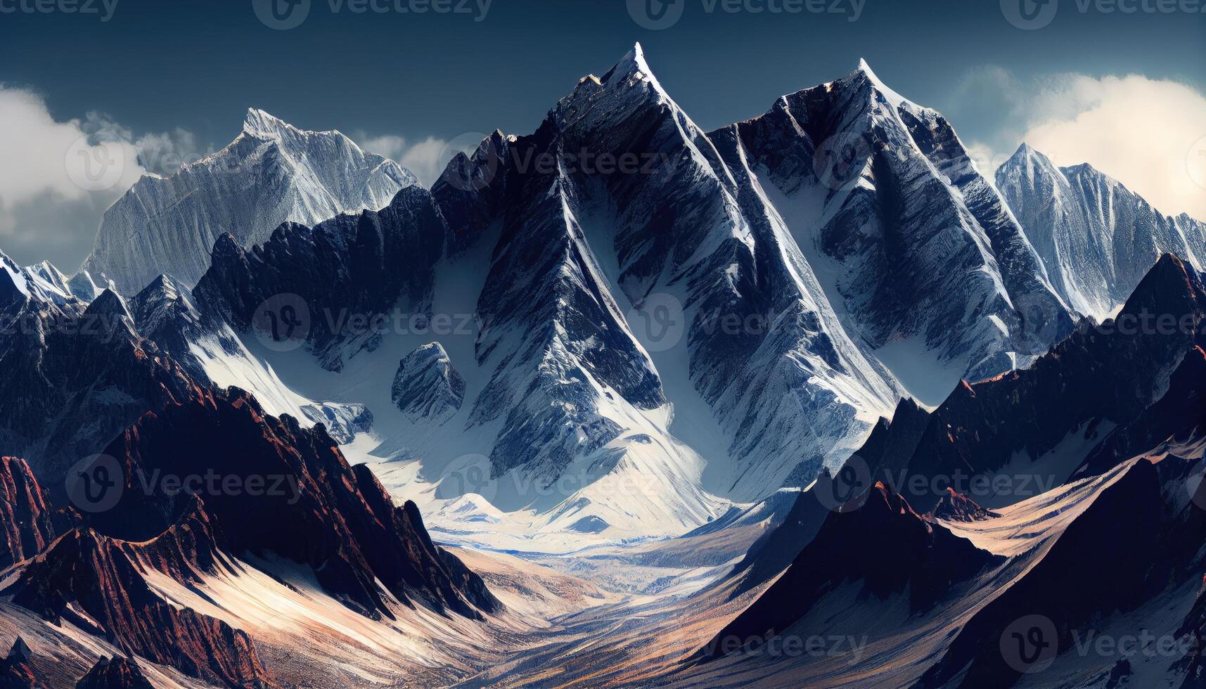 Towering mountain range dotted with towering peaks and treacherous passes. Generate Ai. photo