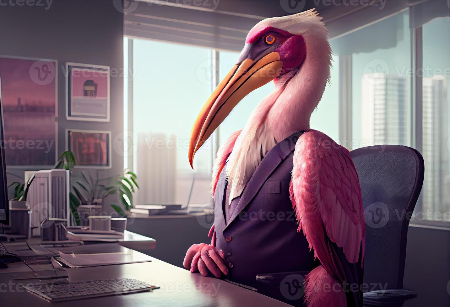 Portrait of an anthropomorphic pink pelican as a developer in the office. Generate Ai. photo