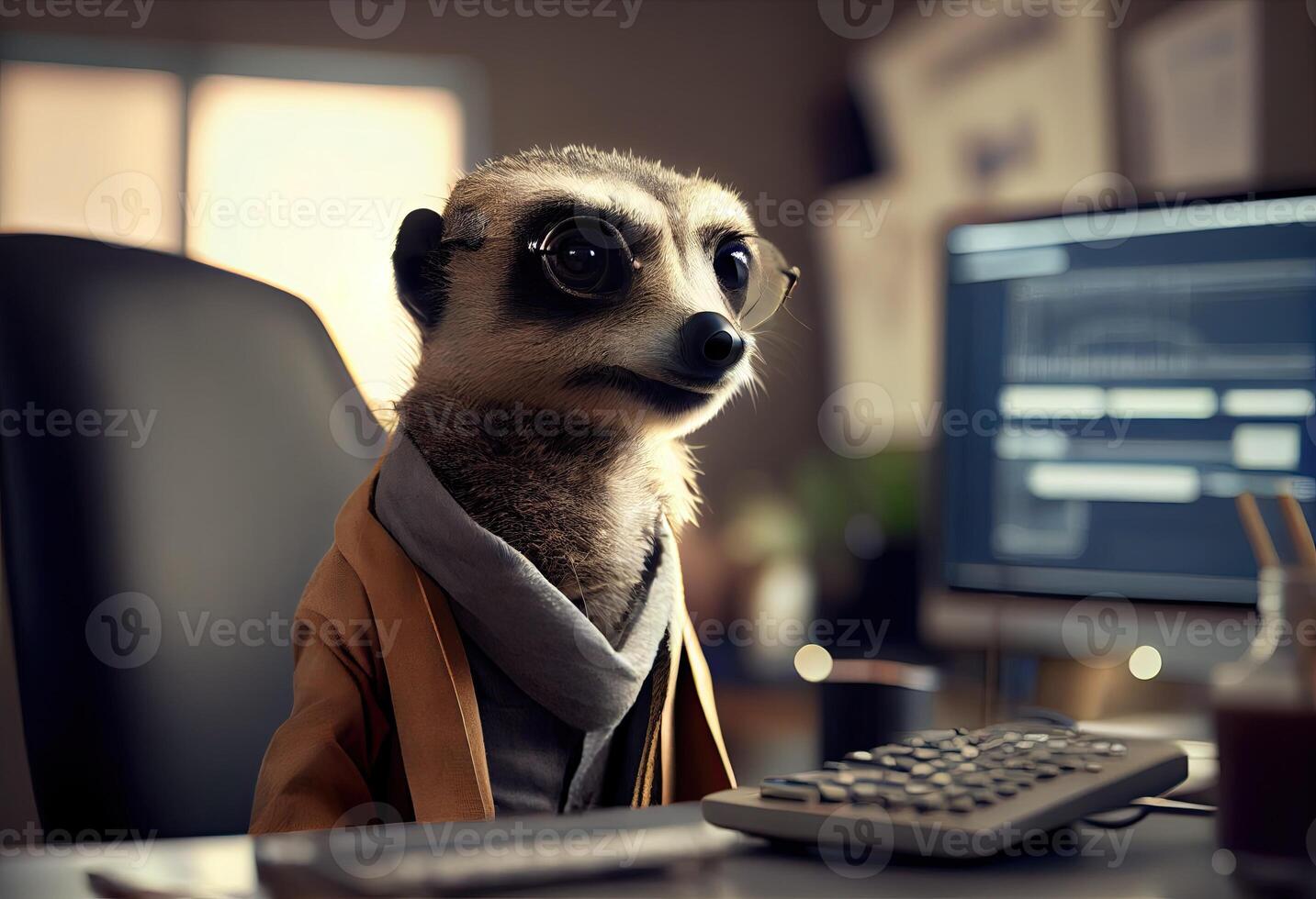 Portrait of an anthropomorphic meerkat as a developer in the office. Generate Ai. photo