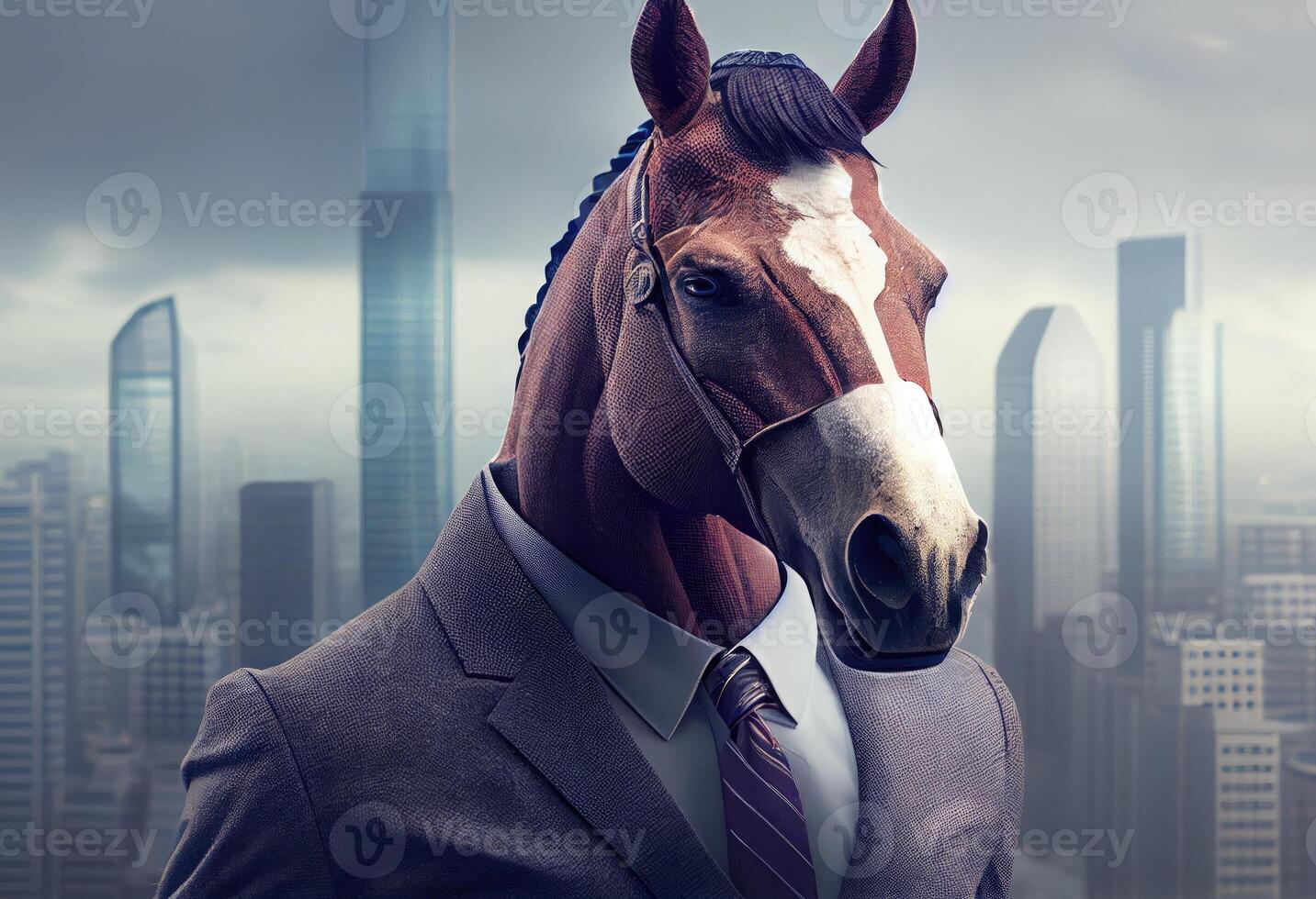 Portrait of an anthropomorphic horse businessman roaming the city streets. Generate Ai. photo