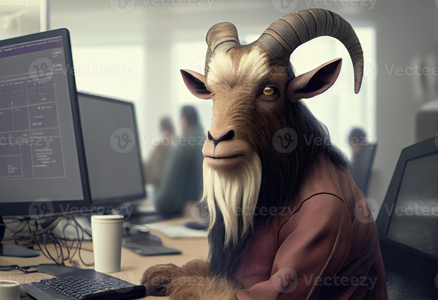Portrait of an anthropomorphic goat as a developer in the office. Generate Ai. photo