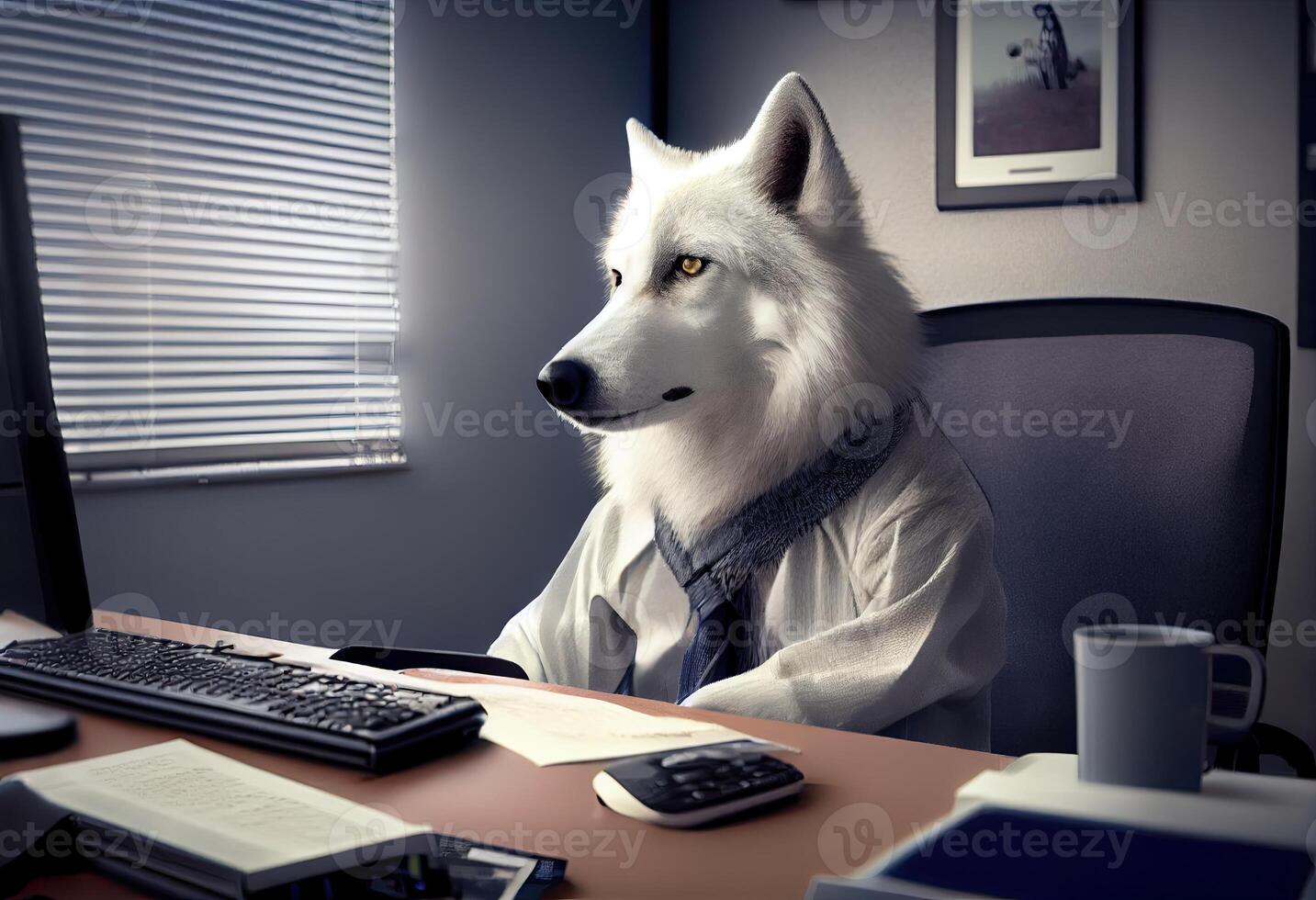 Portrait of an anthropomorphic polar wolf as a developer in the office. Generate Ai. photo