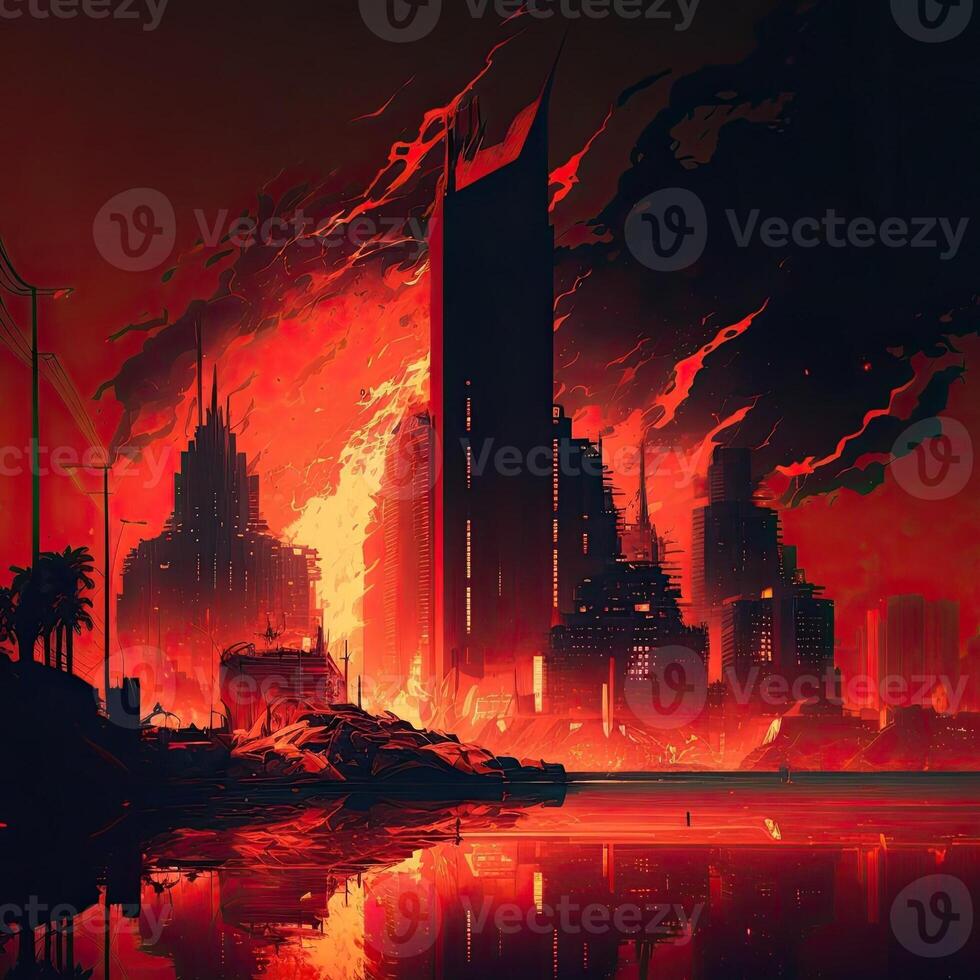 Red thunder cityscape the burning city digital art style. Generate Ai. photo