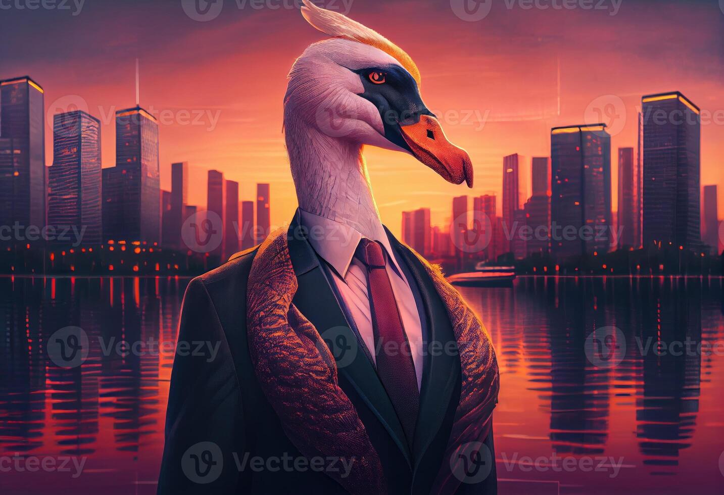 retrato de un antropomórfico cisne vestido como un empresario en contra el fondo de un moderno ciudad a puesta de sol. generar ai. foto