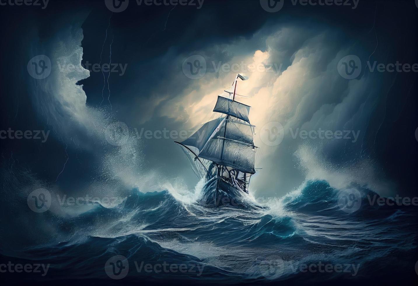 velero en contra un antecedentes de mar y tormenta. generar ai. foto