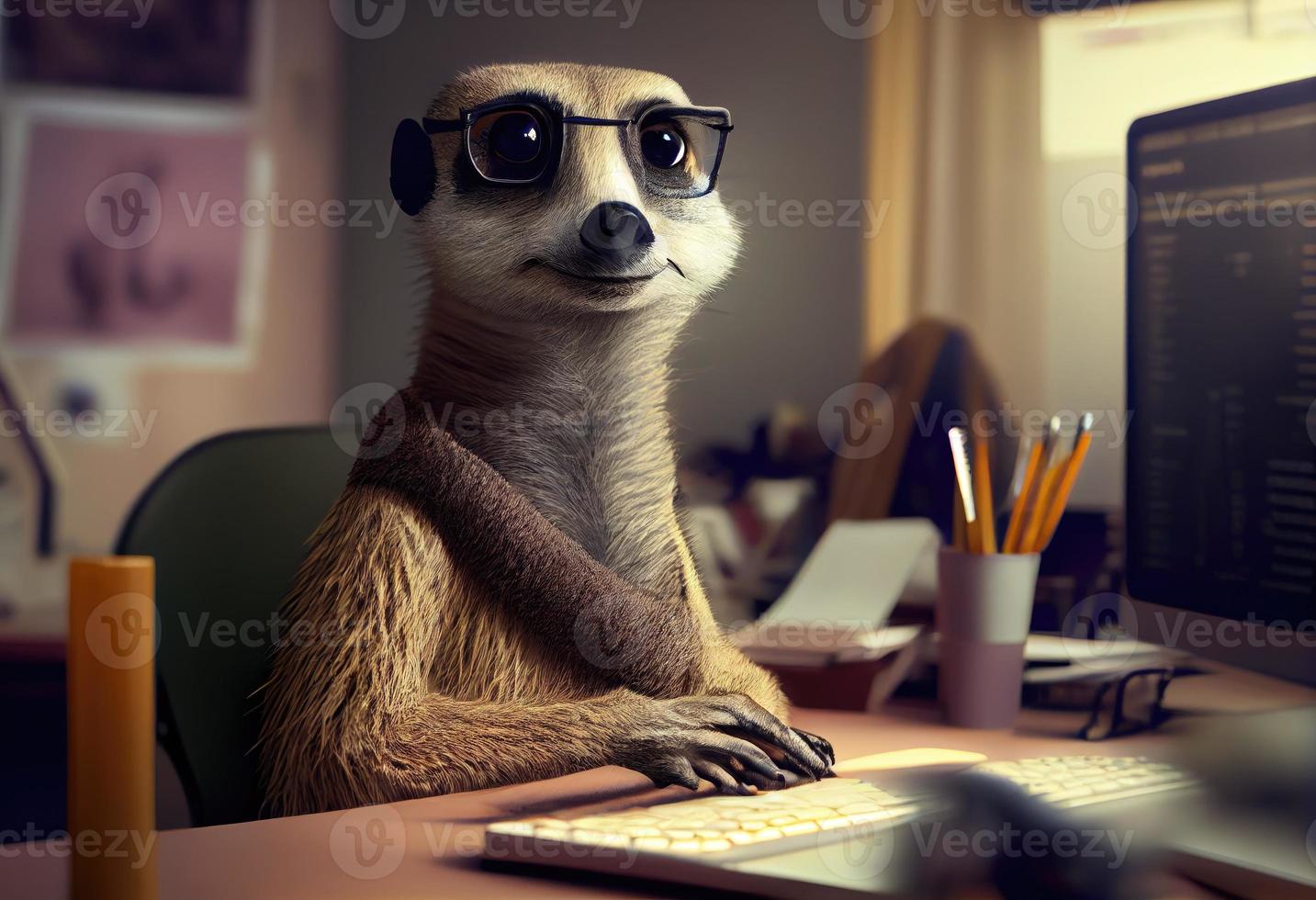 Portrait of an anthropomorphic meerkat as a developer in the office. Generate Ai. photo