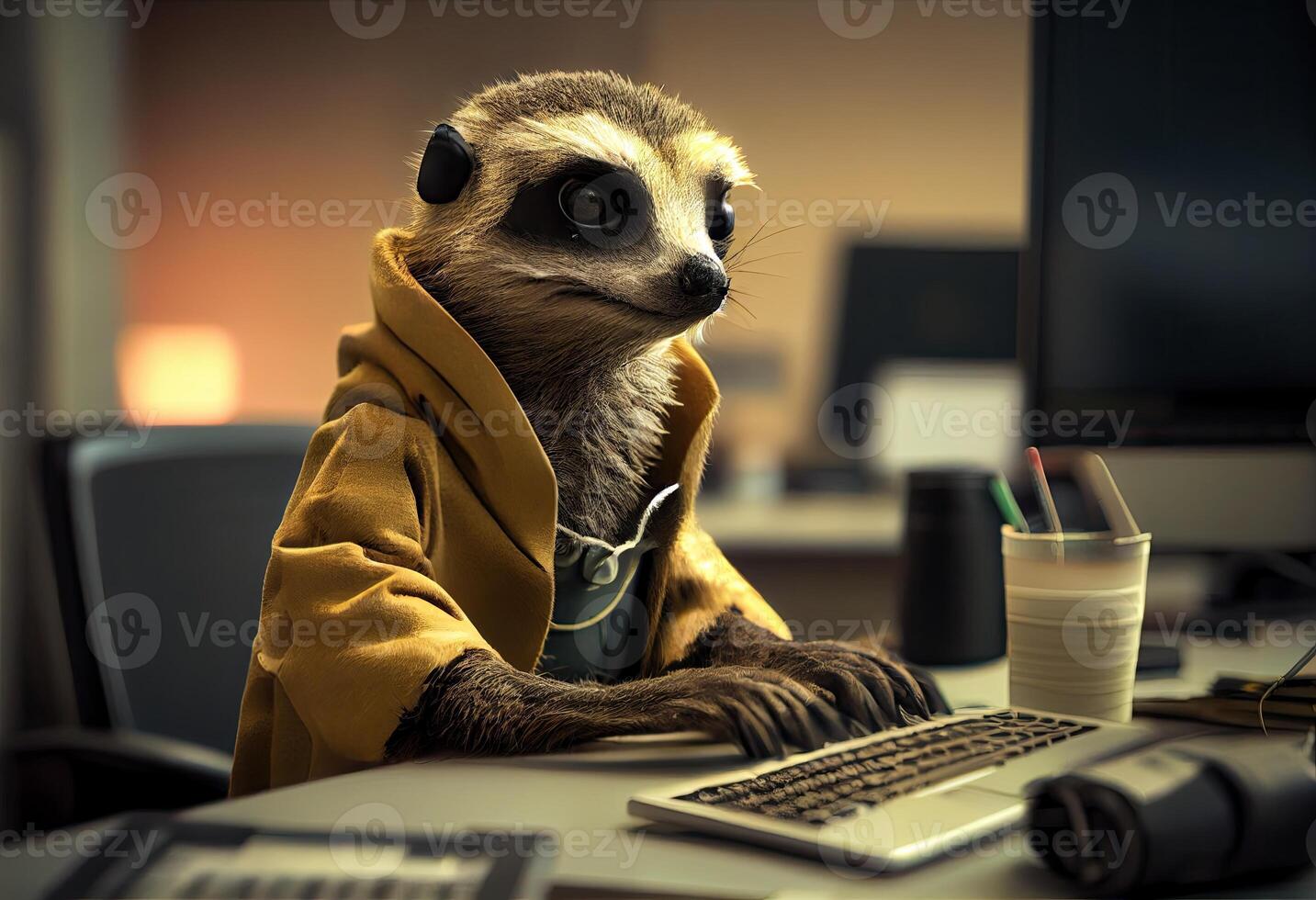 Portrait of an anthropomorphic meerkat as a developer in the office. Generate Ai. photo