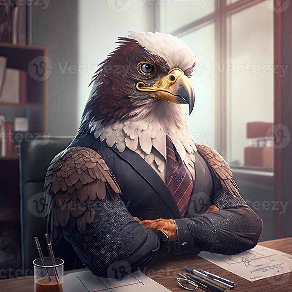 Portrait of an anthropomorphic eagle as a developer in the office. Generate Ai. photo