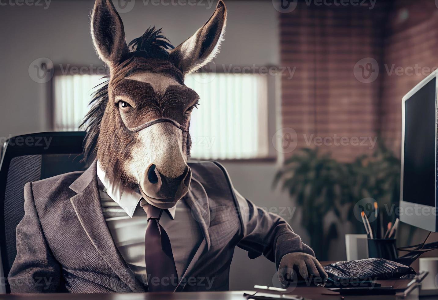 retrato de un antropomórfico Burro en un traje de un empresario como oficina trabajador en el moderno oficina. generar ai. foto
