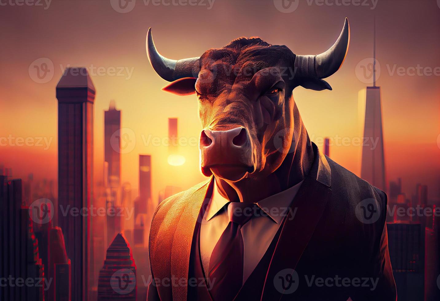 retrato de un antropomórfico toro vestido como un empresario en contra el fondo de un moderno ciudad a puesta de sol. generar ai. foto