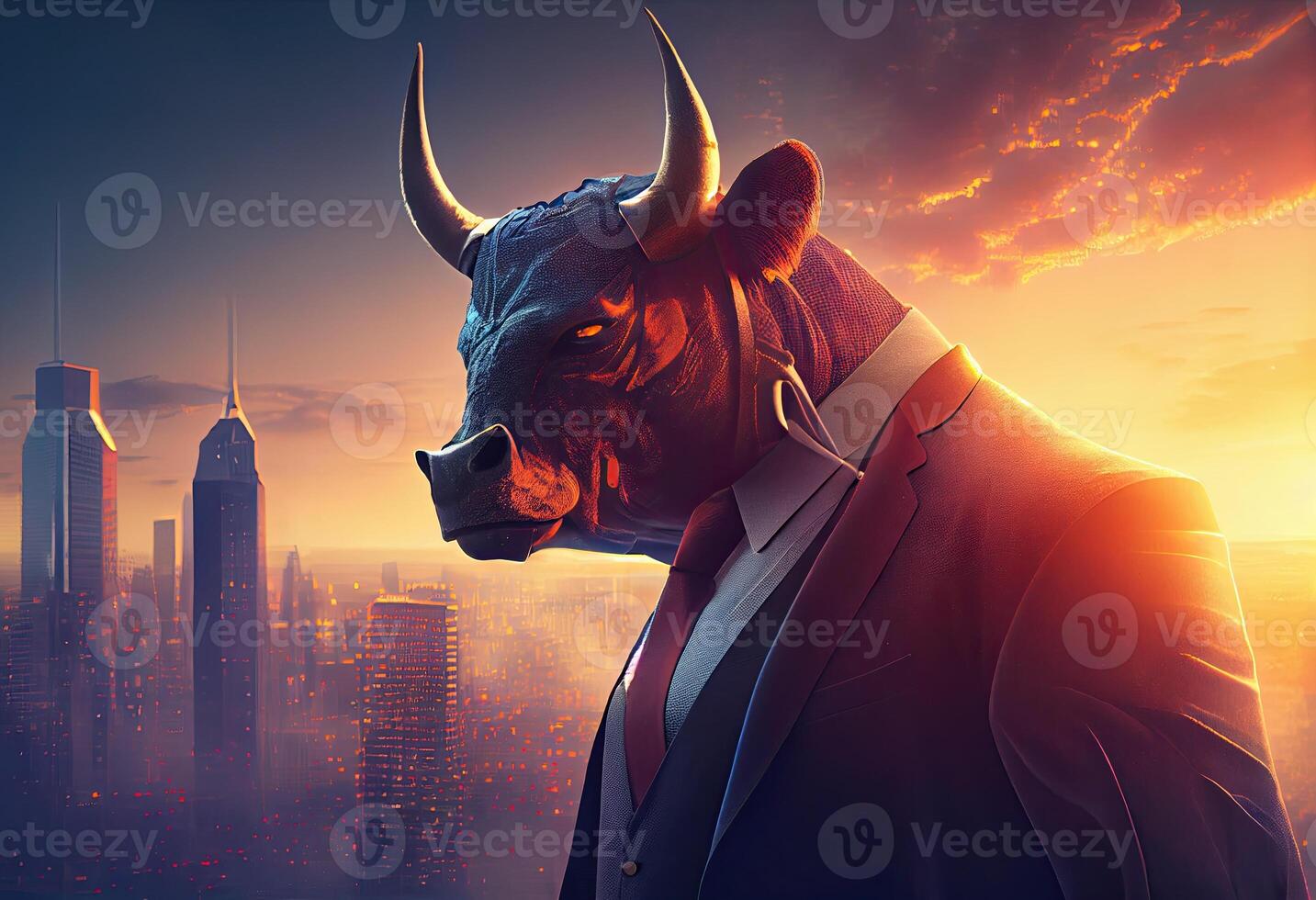 Portrait of an anthropomorphic bull dressed as a businessman against the backdrop of a modern city at sunset. Generate Ai. photo