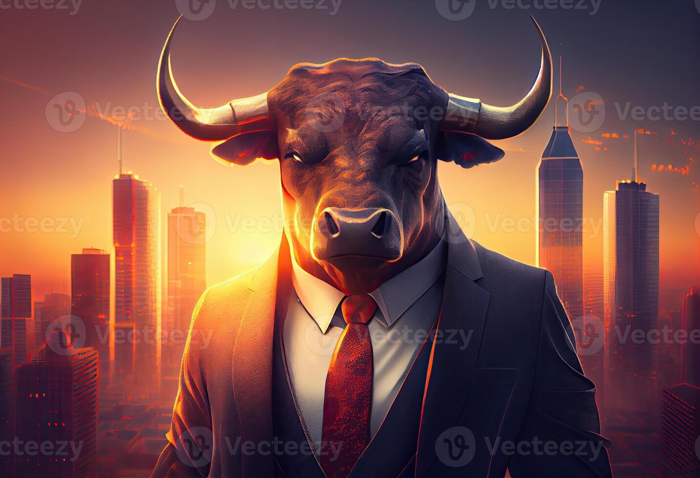 Portrait of an anthropomorphic bull dressed as a businessman against the backdrop of a modern city at sunset. Generate Ai. photo