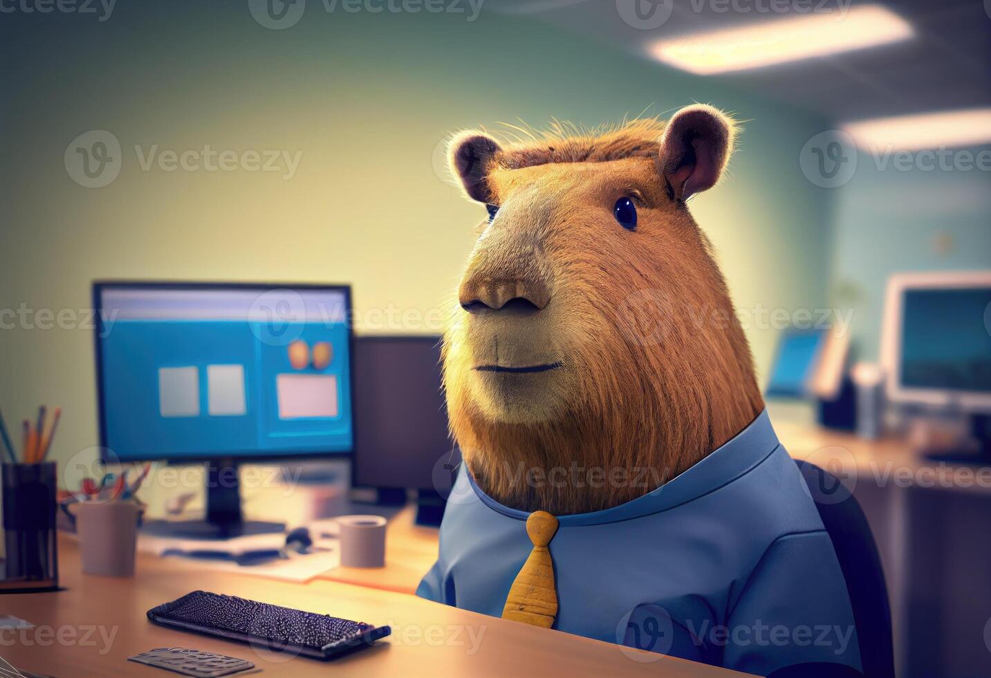 Portrait of an anthropomorphic capybara as a developer in the office. Generate Ai. photo