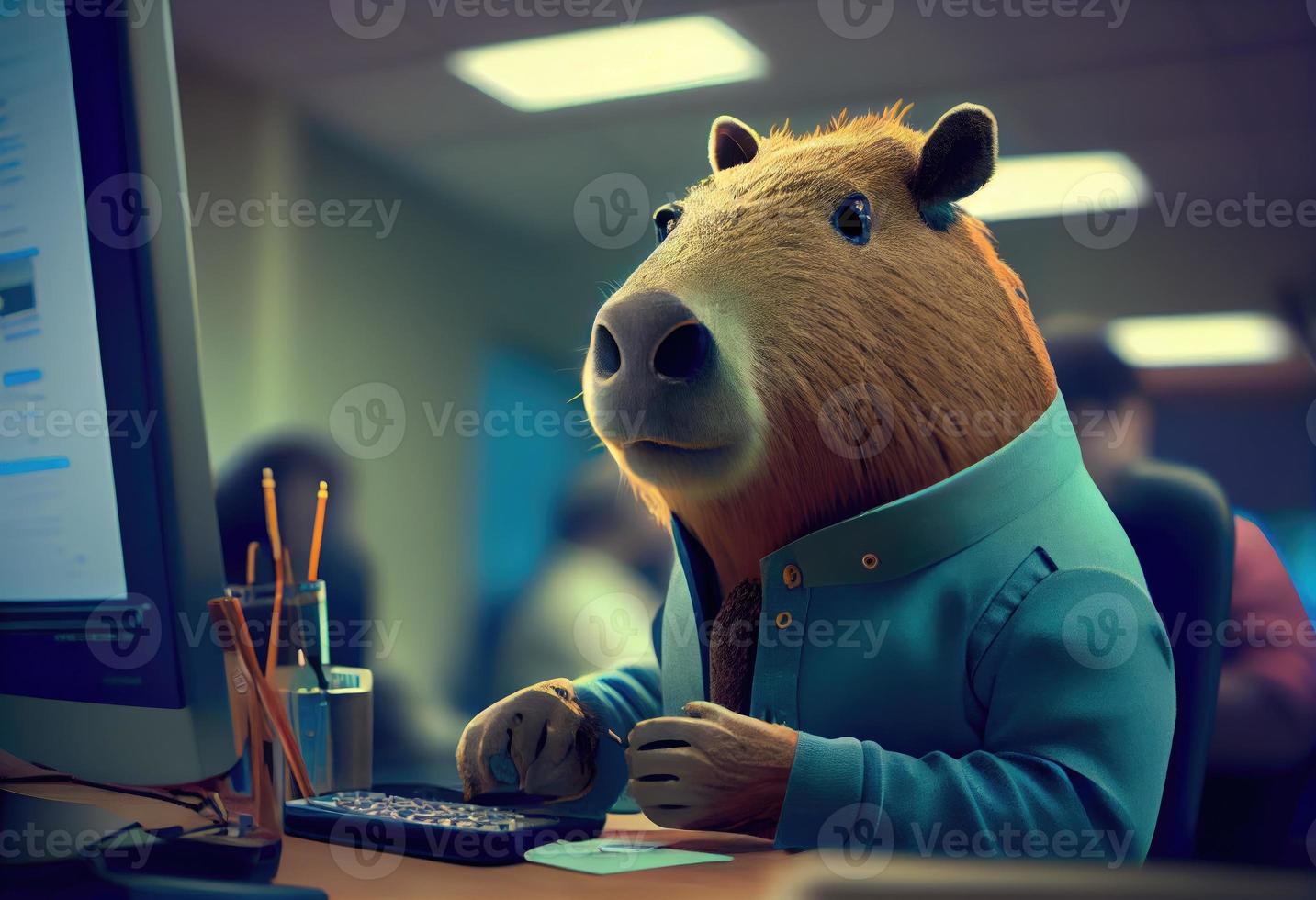 Portrait of an anthropomorphic capybara as a developer in the office. Generate Ai. photo