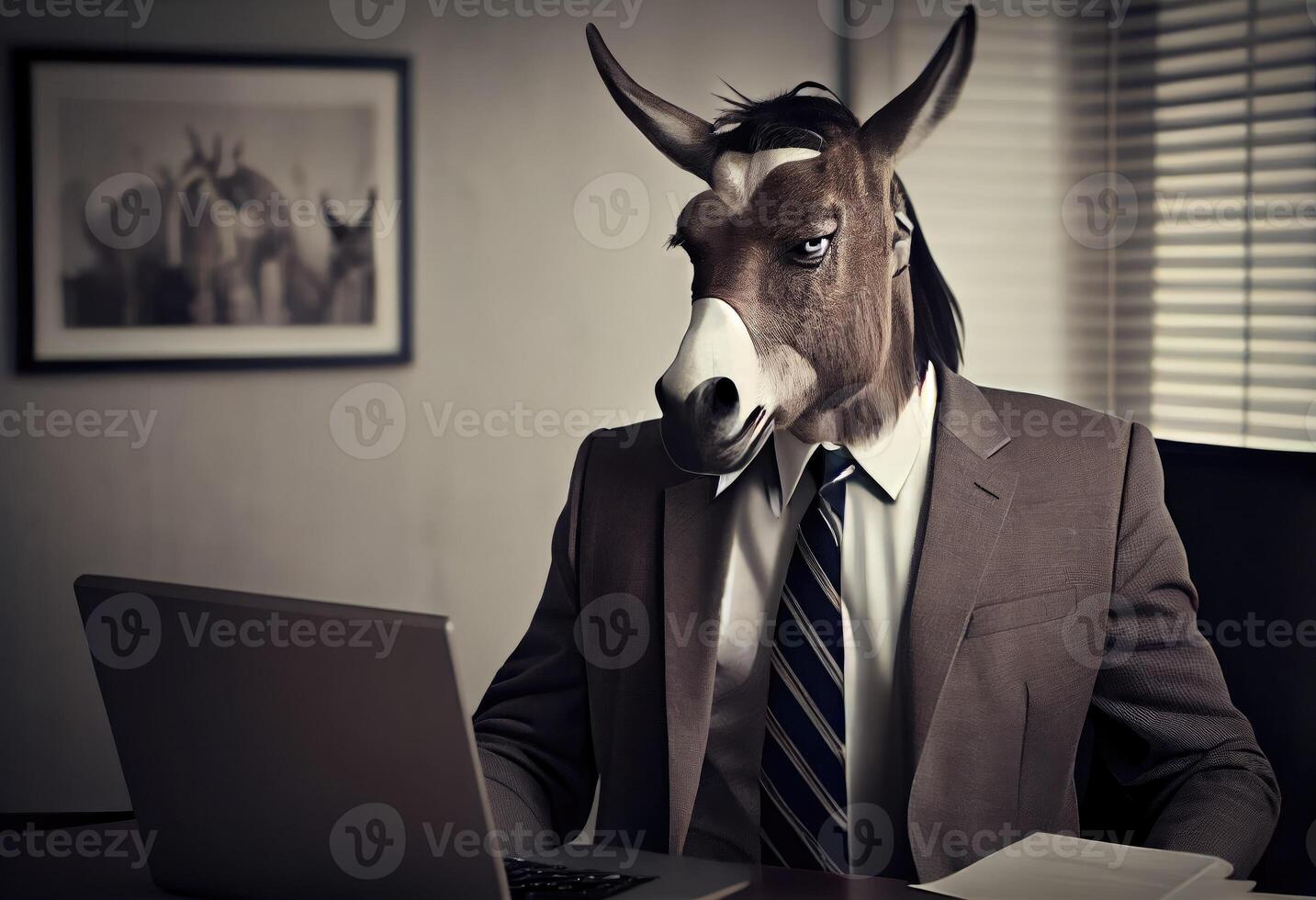 Portrait of an anthropomorphic donkey in a suit of a businessman as office worker in the modern office. Generate Ai. photo