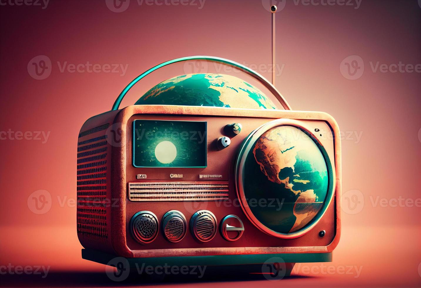 Vintage radio with planet earth. World radio day theme concept. Generate Ai. photo