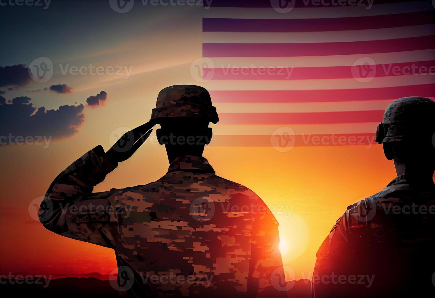 Estados Unidos Ejército soldados saludando en un antecedentes de puesta de sol o amanecer y Estados Unidos bandera. generar ai. foto