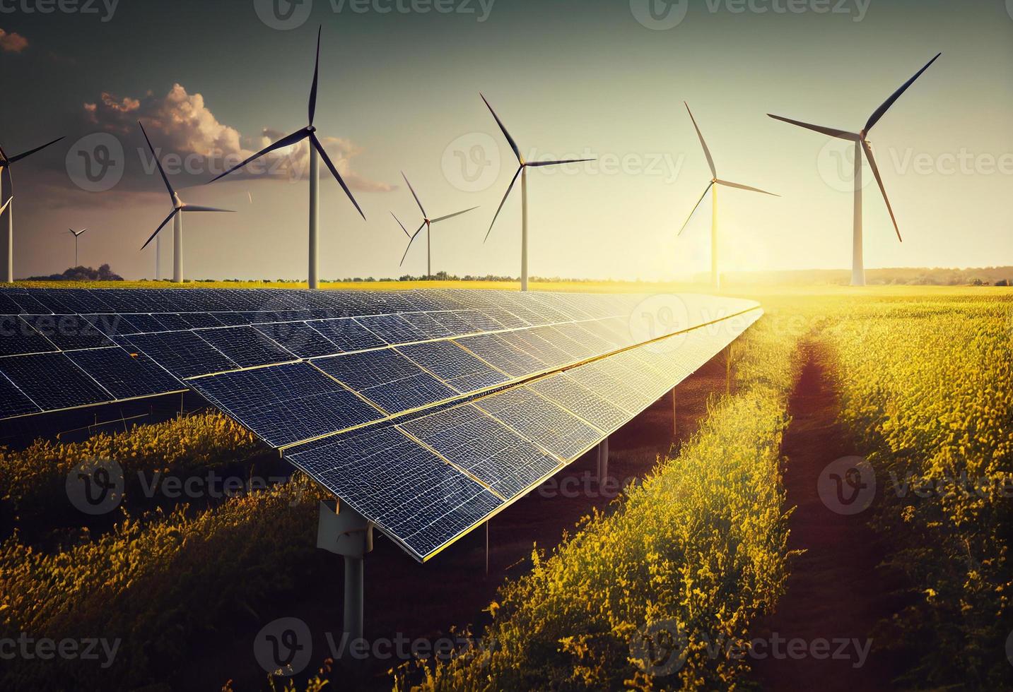 Wind turbines and solar panels farm in a field. Renewable green energy. Generate Ai. photo