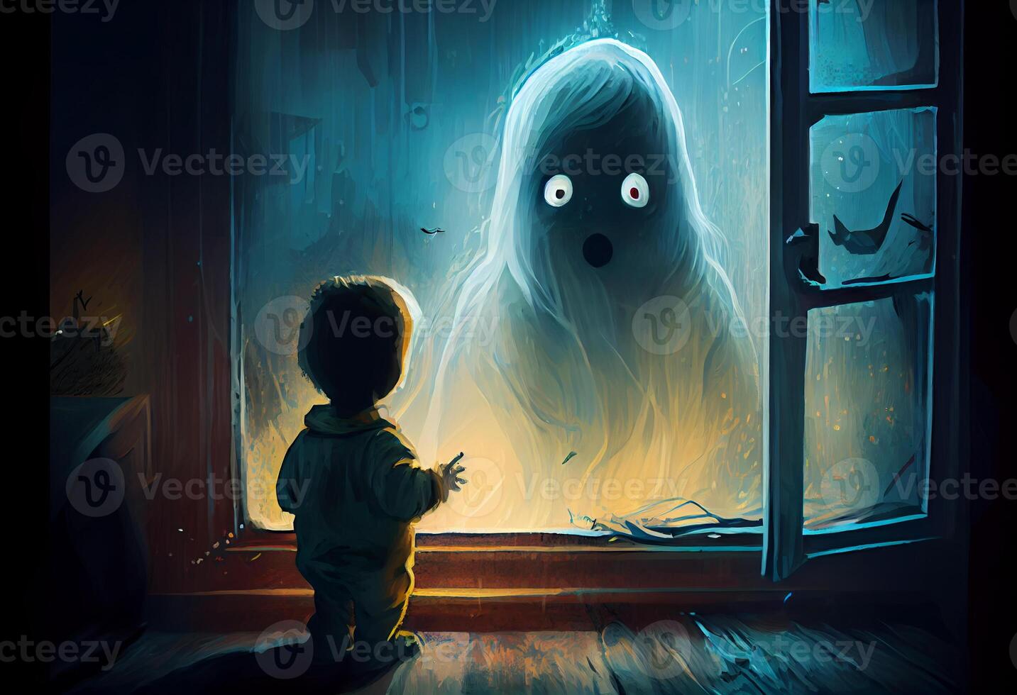 The child scaring to see the ghost, digital art style, illustration