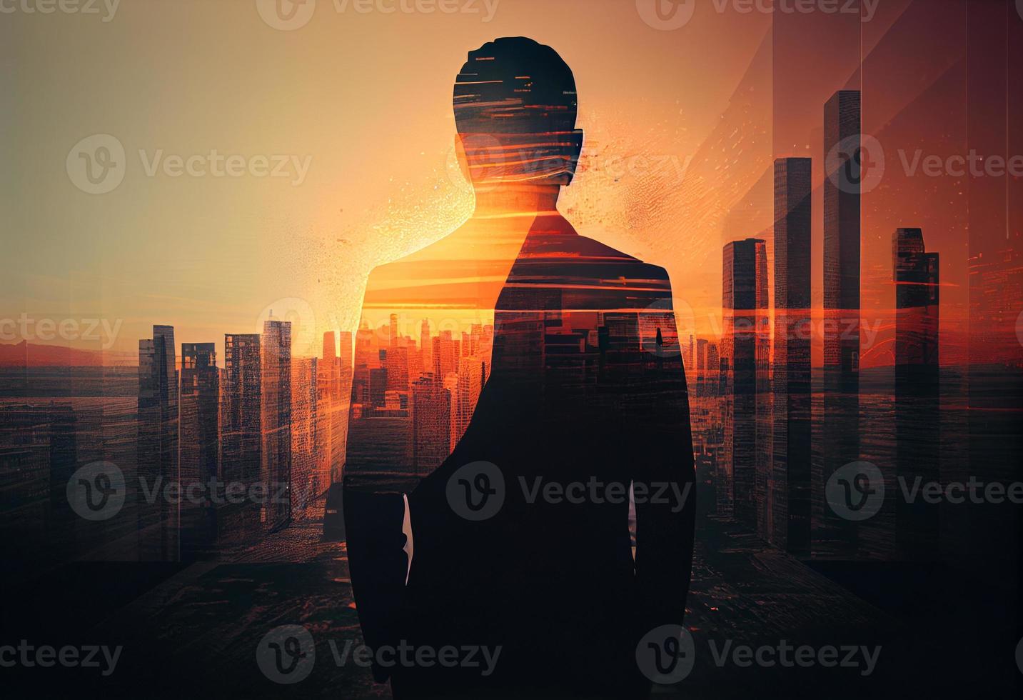 The double exposure image of the business man standing back during sunrise overlay with cityscape image. Generate Ai. photo