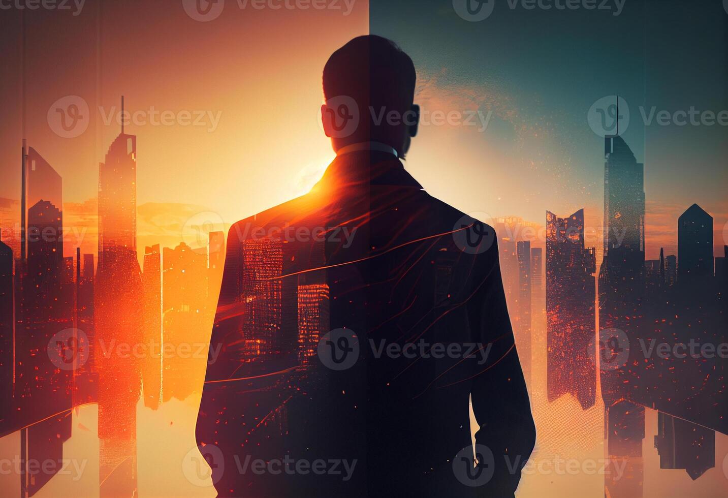 The double exposure image of the business man standing back during sunrise overlay with cityscape image. Generate Ai. photo