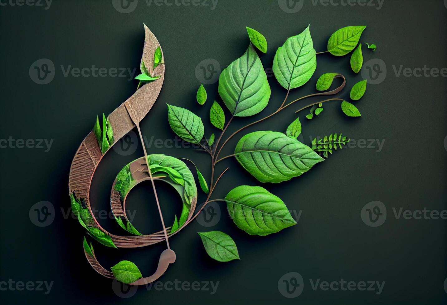 Treble clef music notes made from nature green leaf. Concept of World Music Therapy Day . Generate Ai. photo