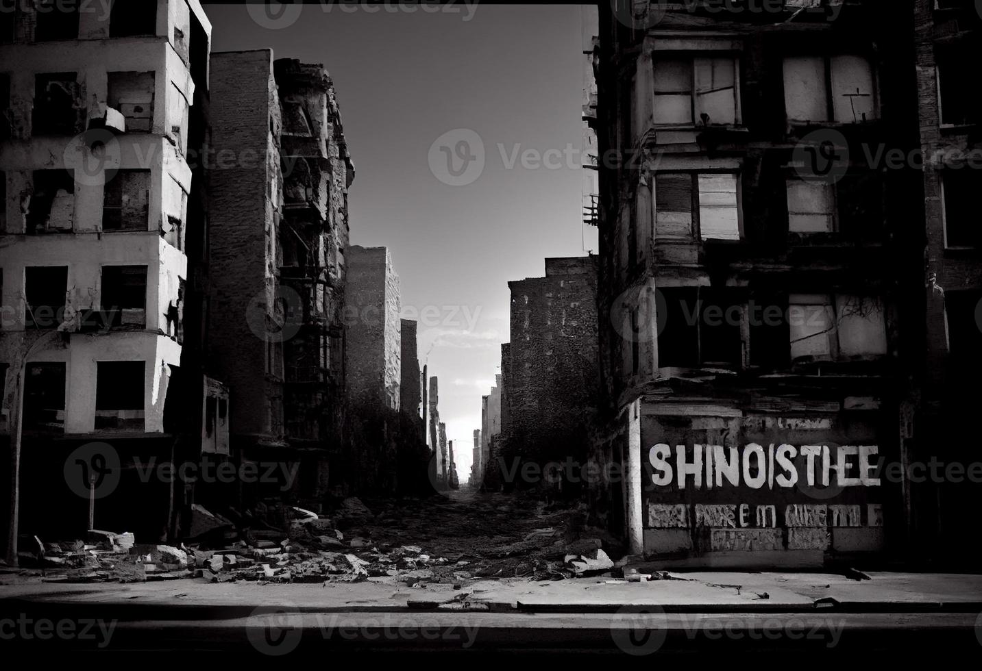 illustration painting of destroyed Abandoned City, Digital Illustration. Generate Ai. photo