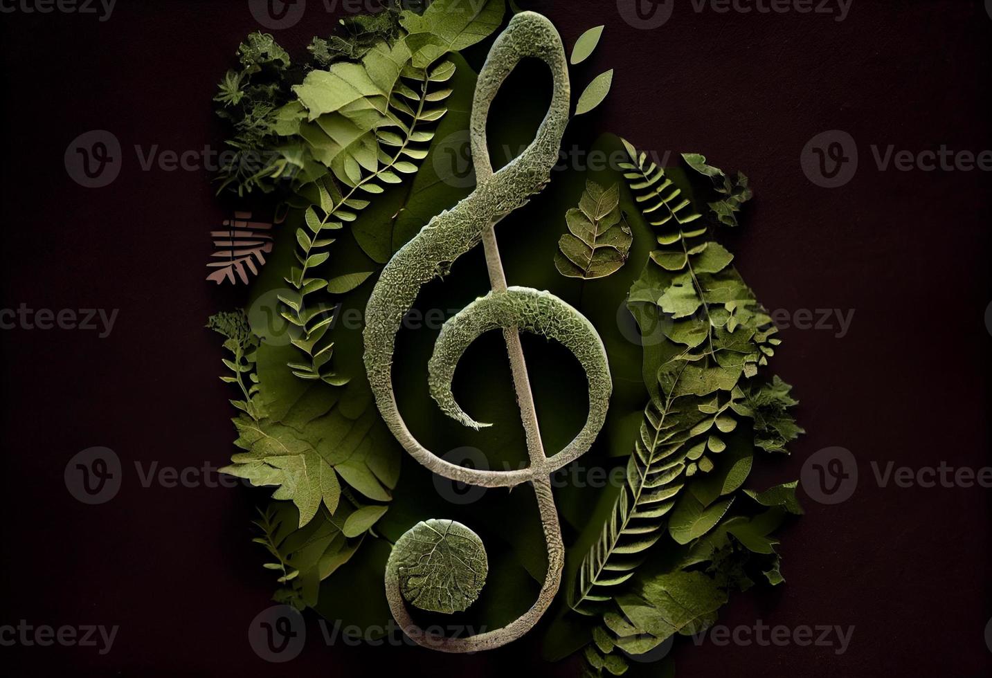 Treble clef music notes made from nature green leaf. Concept of World Music Therapy Day . Generate Ai. photo