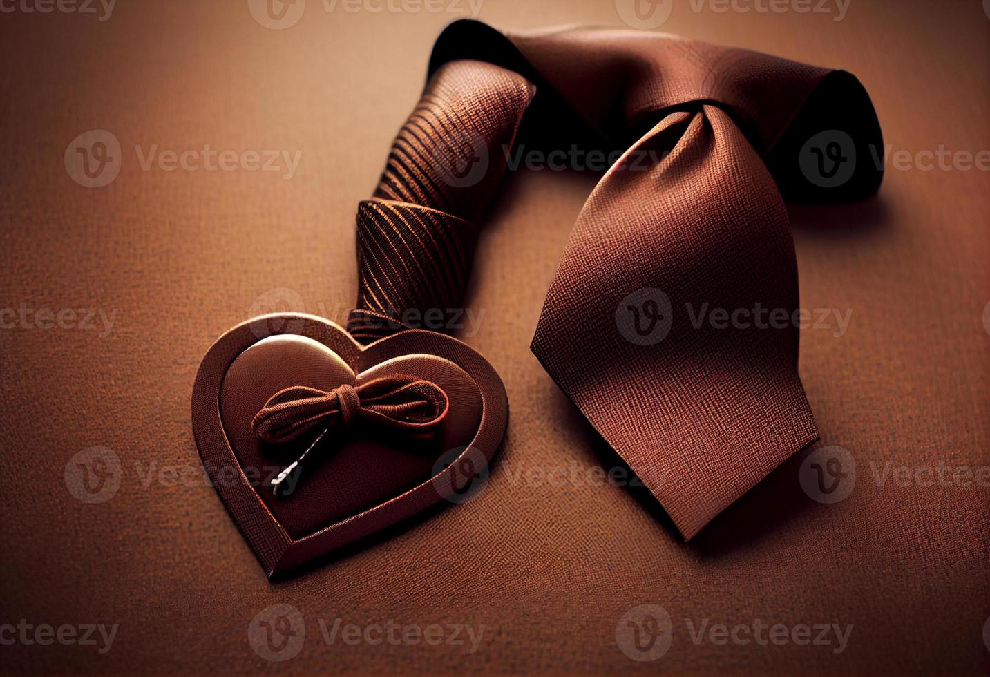 Tie with love heart on brown background, happy fathers day concept. Generate Ai. photo