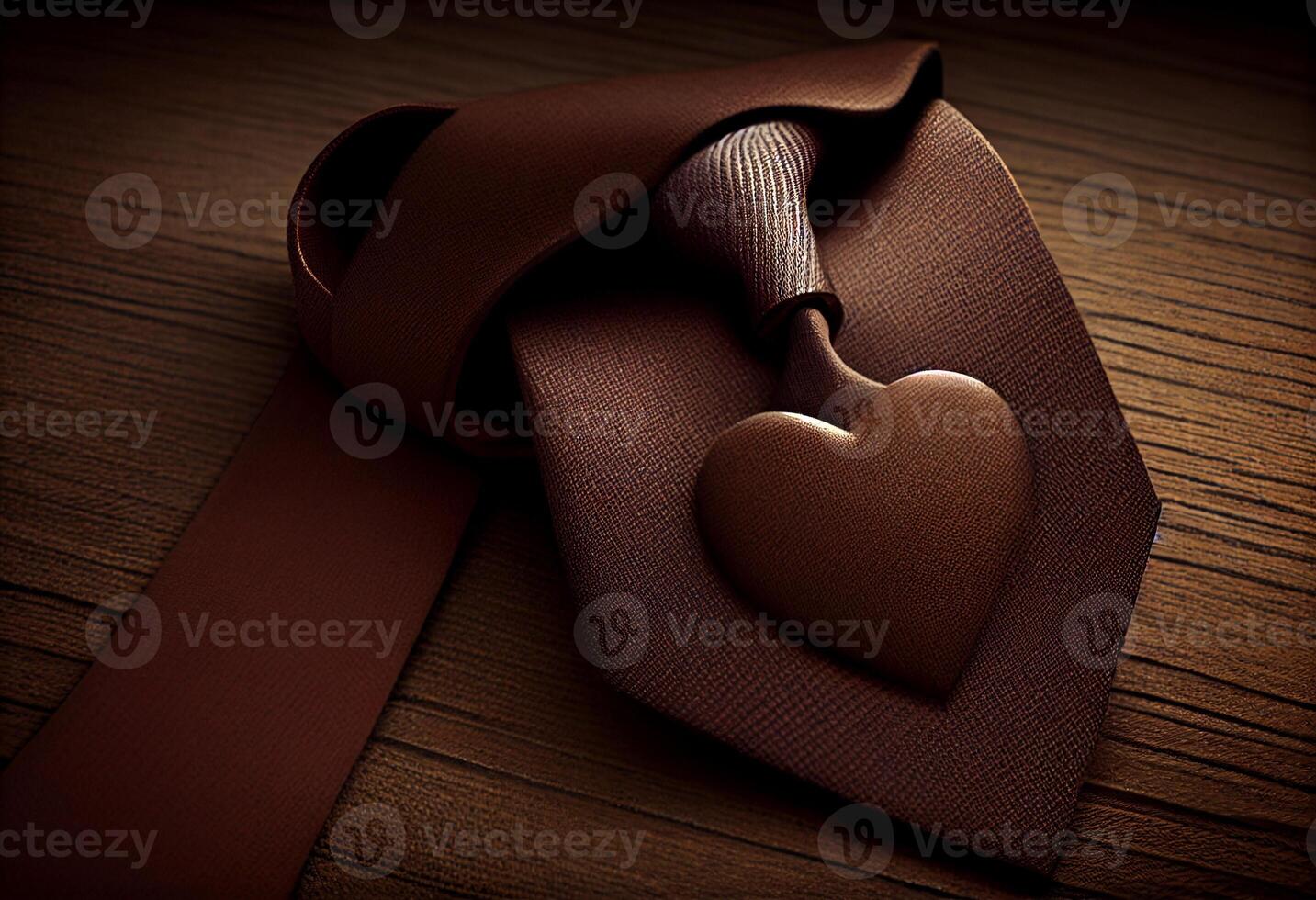 Tie with love heart on brown background, happy fathers day concept. Generate Ai. photo