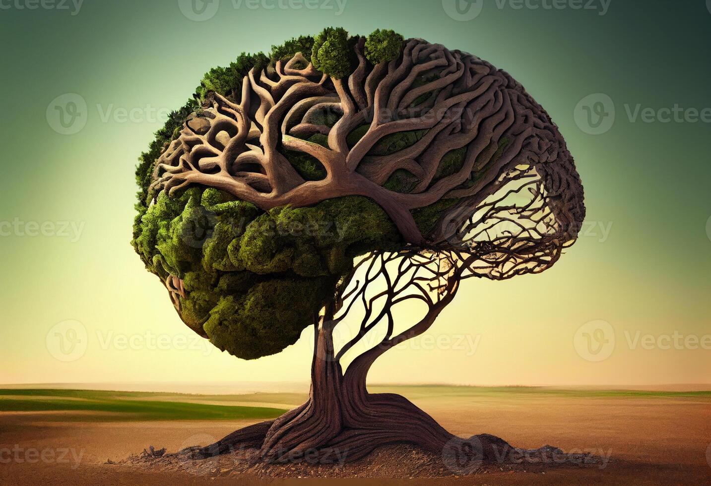 Tree in the shape of brain thinks and childrens to environmental solution. Generate Ai. photo