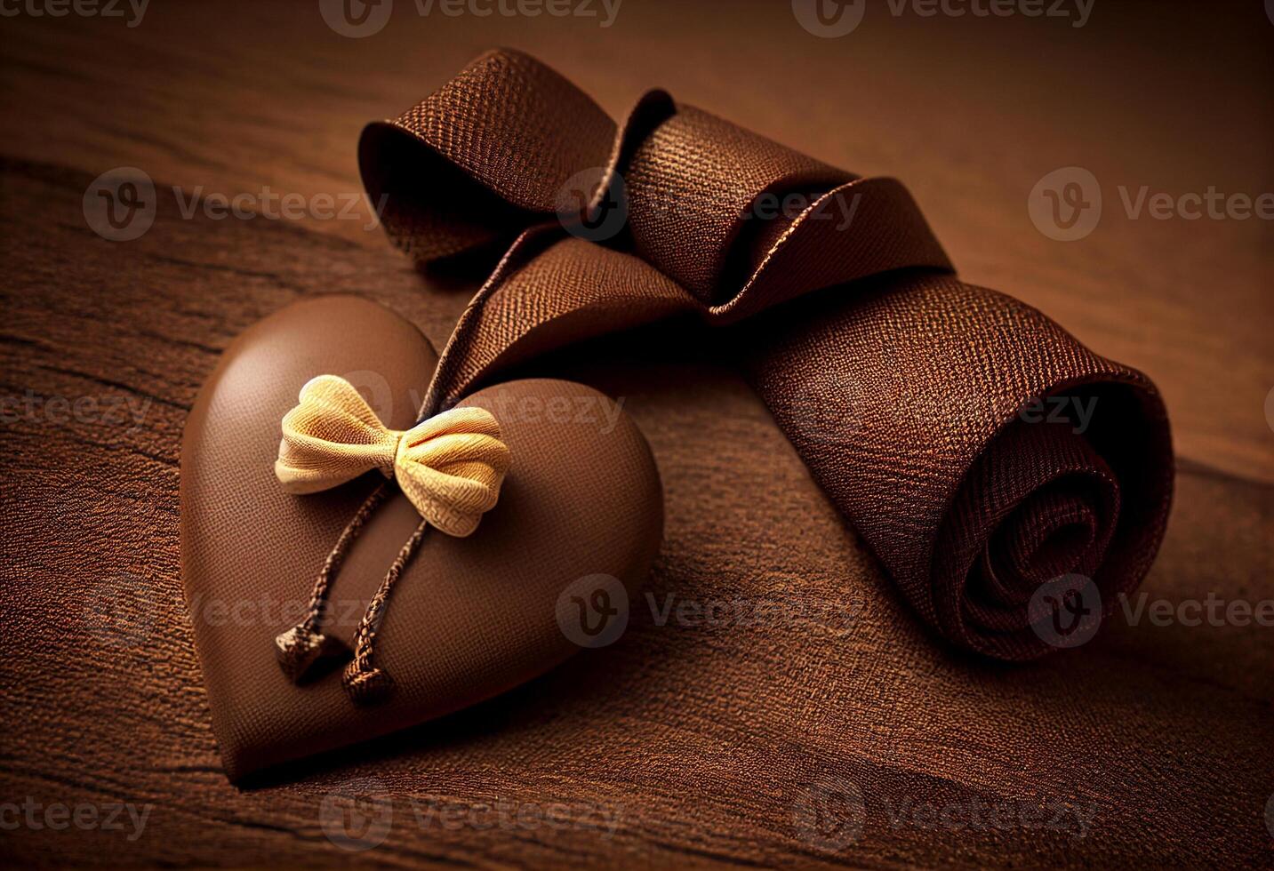 Tie with love heart on brown background, happy fathers day concept. Generate Ai. photo