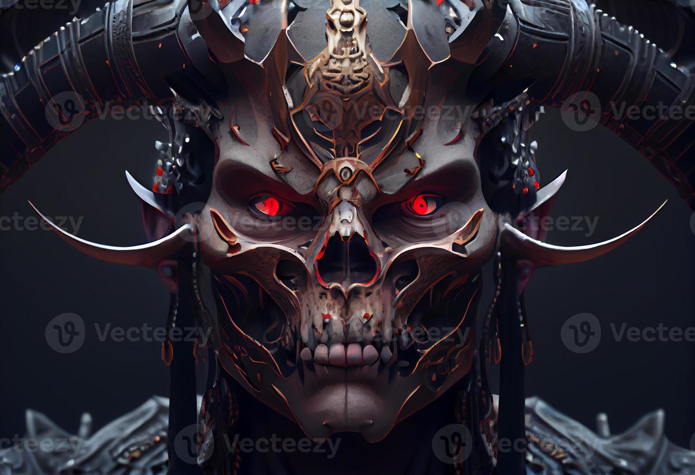 Skull devil cyborg samurai face, 3D rendering. Generate Ai. photo