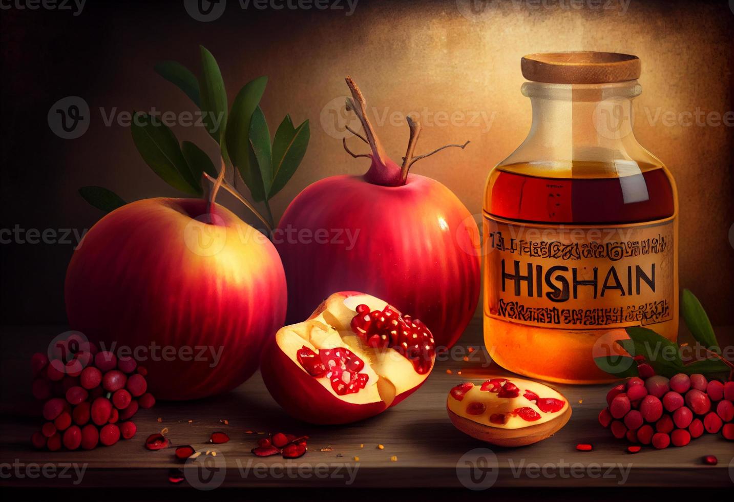 Rosh hashana jewish holiday concept - apples, honey, pomegranat . Generate Ai. photo